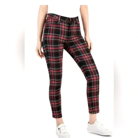 TOMMY HILFIGER PLAID PANTS ASHBY ANKLE CROPPED  RED  AND BLACK - Picture 1 of 12